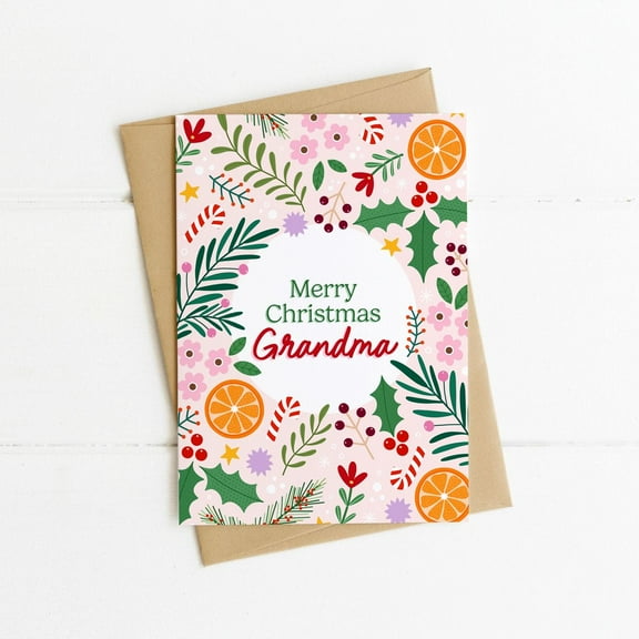Merry Christmas Grandma Card – Festive Floral Design with Envelope – Blank Inside for Personal Messages – Perfect Holiday Greeting Card for Grandmothers