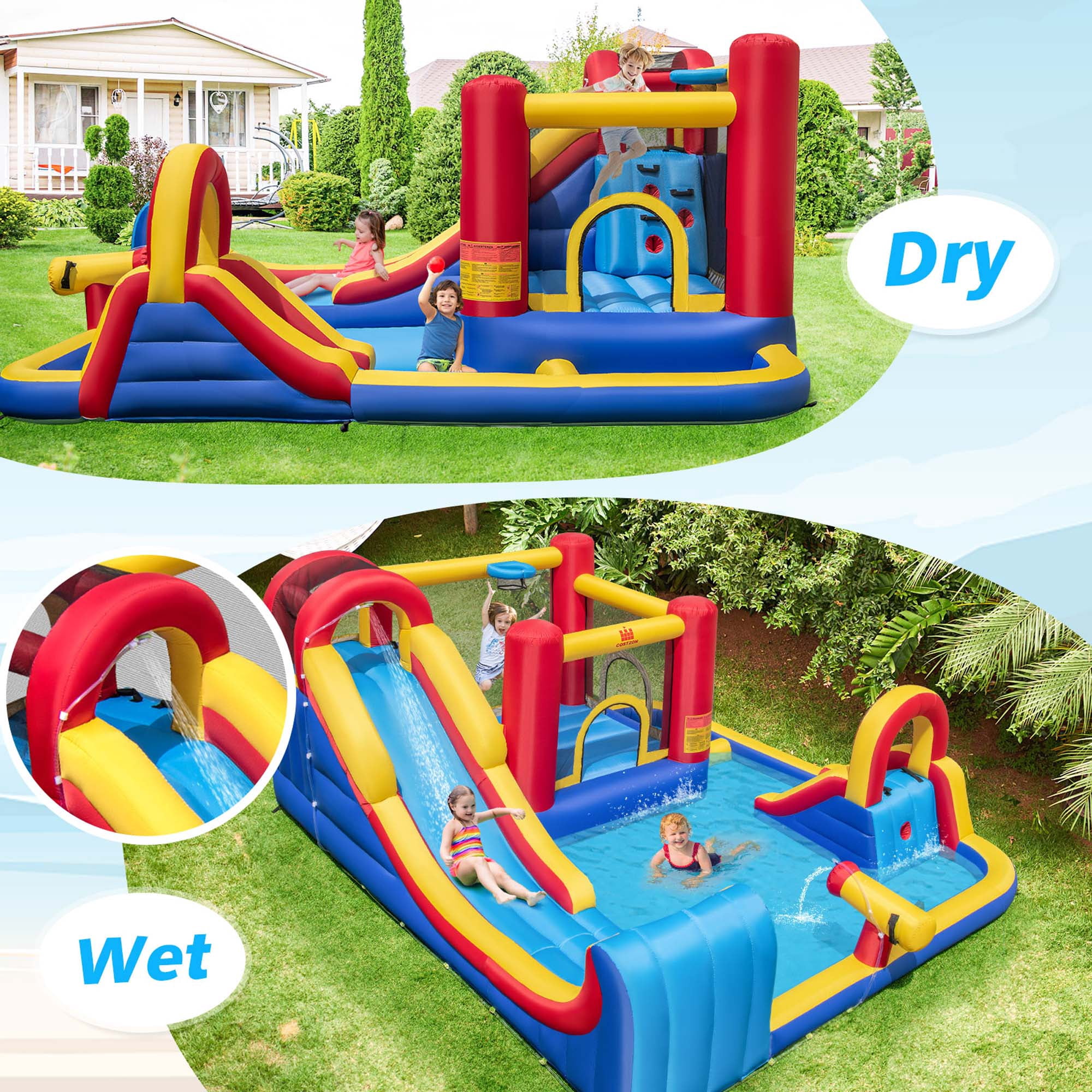 Costway Inflatable Water Slide Giant Kids Splash Pool with Double Slides & 950W Blower