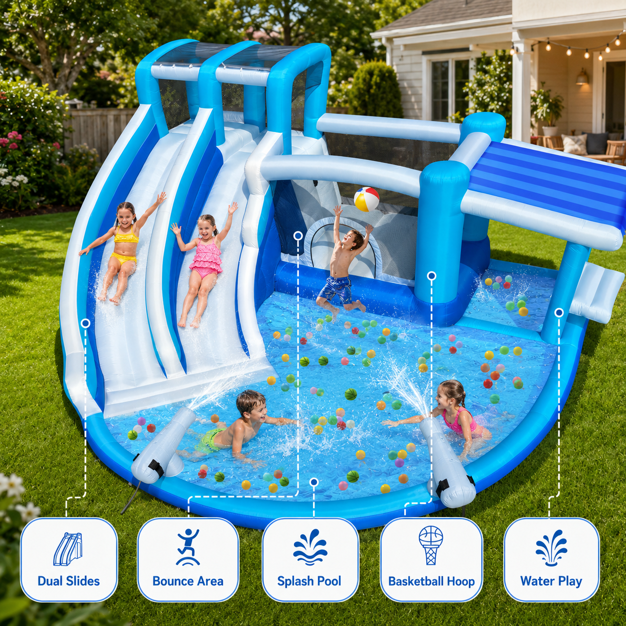 13.8 FT Inflatable Bounce House with Dual Water Slides, Splash Pool, Ball Pit and Blower Included, Blue