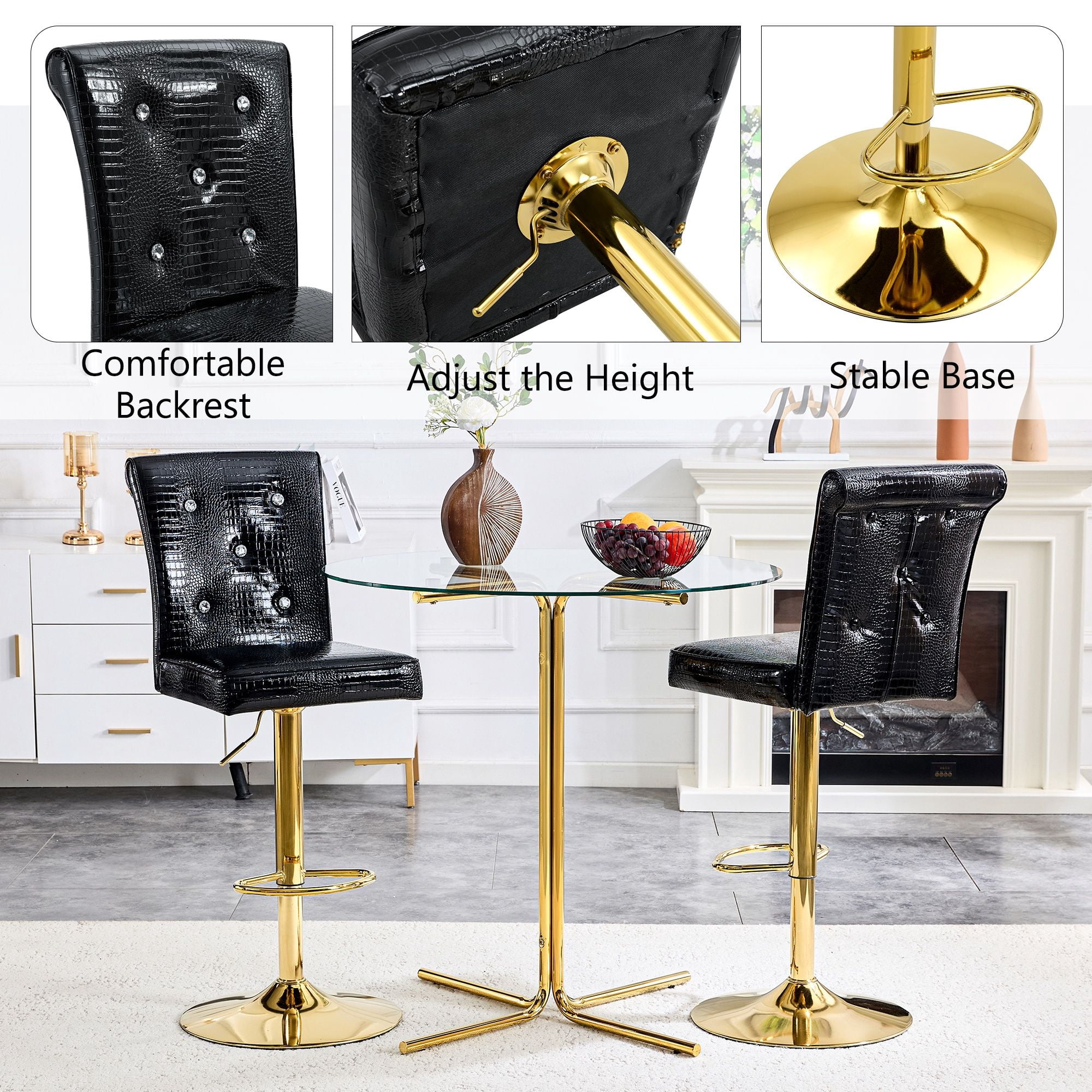 Alvantor Set of 2 Black Crocodile Faux Leather Bar Chairs with Crystal Accents