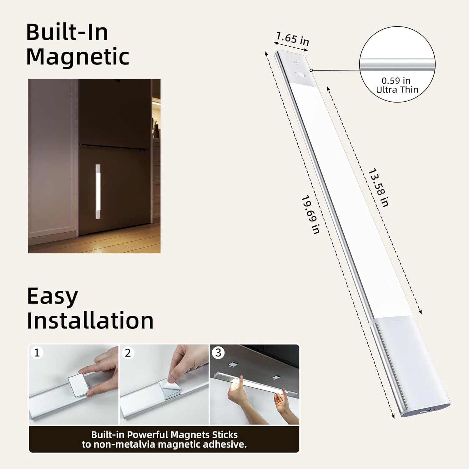 EZVALO 2-Pack Under Cabinet Light 3-Mode Motion Sensor Rechargeable Dimmable, Magnetic Mount with Remote Control for Kitchen Cabinet Bedroom Pantry