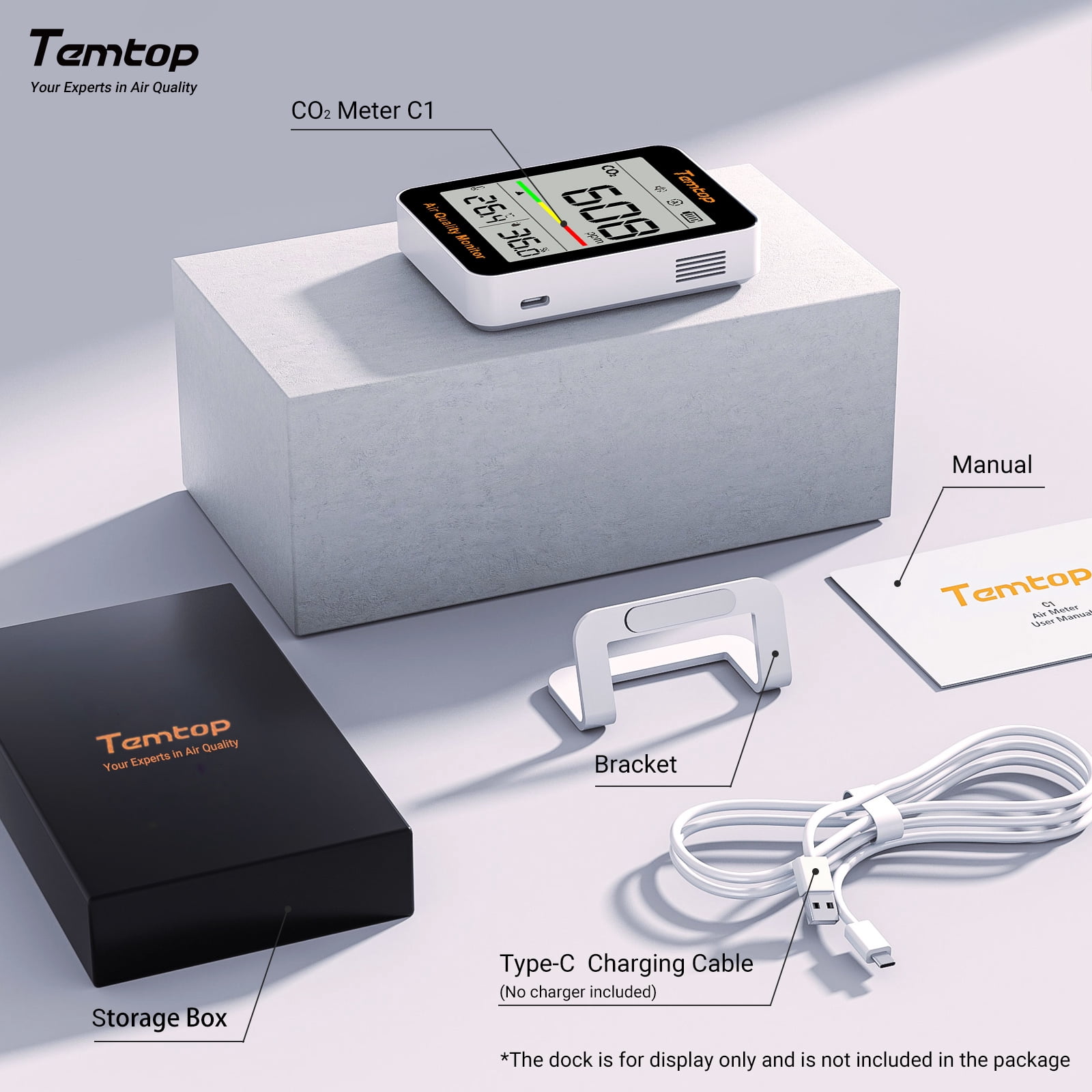 Temtop C1 CO2 Monitor Indoor air Quality Monitor Portable CO2 Meter, CO2, Temperature, Humidity Home, Office or School