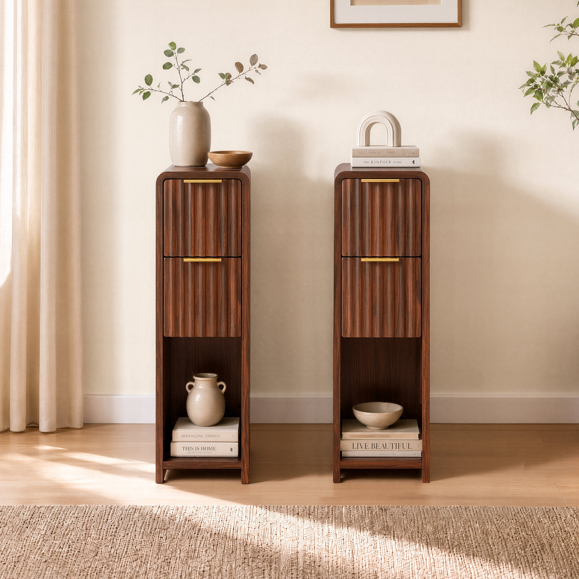 Spruce & Spring Fluted Slim Side Tables Set of 2 with 2 Drawers & Open Shelf for Living Room, End Table for Small Spaces, Walnut