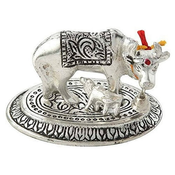 Metal Kamdhenu Cow with Calf Statue (Silver)