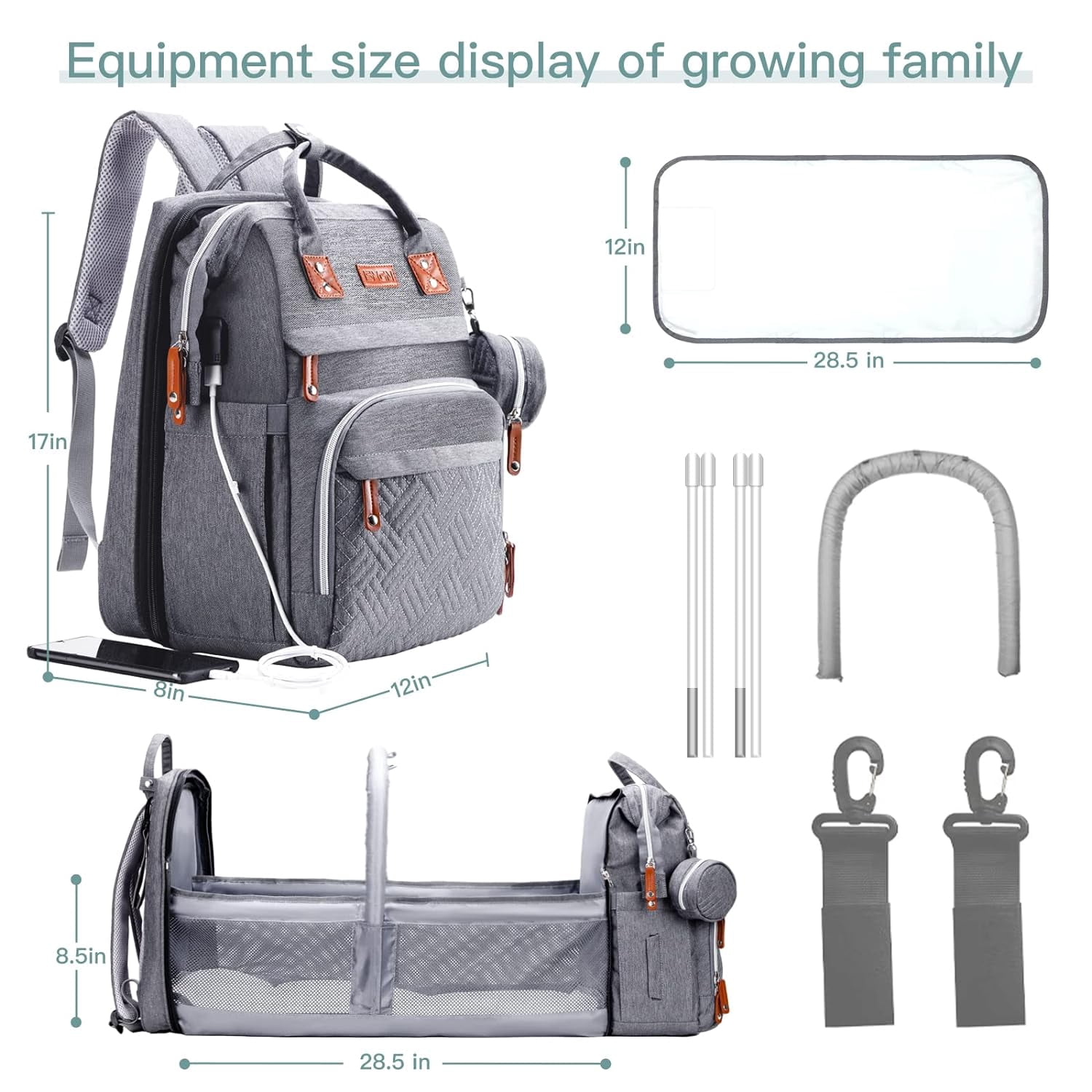 Diaper Bag Backpack, Multifunction Travel Pack Maternity Baby Changing Bags, Large Capacity, Waterproof, Gray