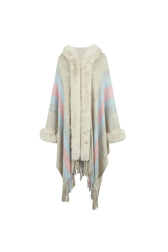 Faux Fur Shawl Wraps for Women Open Front Striped Fringed Cardigan Color Block Cloak Coat Knitted Winter Poncho Capes