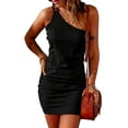 thumbnail image 4 of ABPHQTO Vestido ajustado sin mangas con un hombro ajustado de punto acanalado negro para mujer, 4 of 5
