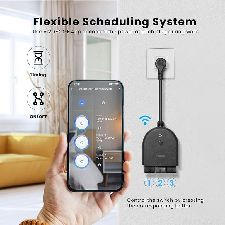 VIVOHOME Outdoor Smart Plug with 3 Individually Controlled Outlets, Timers,  Voice and Remote Control, IP44 Waterproof, 2.4 GHz Wi-Fi, Compatible with