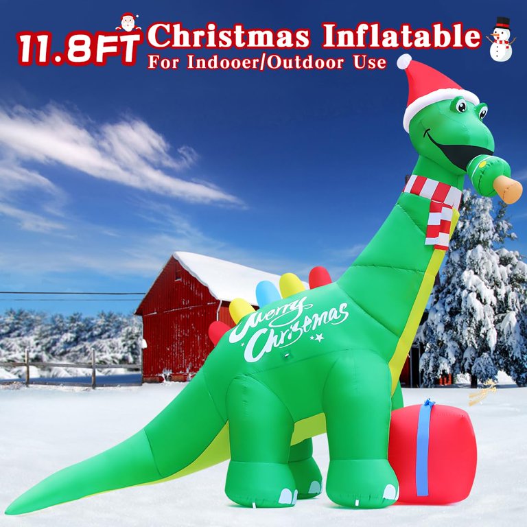 GOOSH 11.8 FT Christmas Inflatable Dinosaur - Outdoor Yard Decoration With LED Lights & Santa Hat