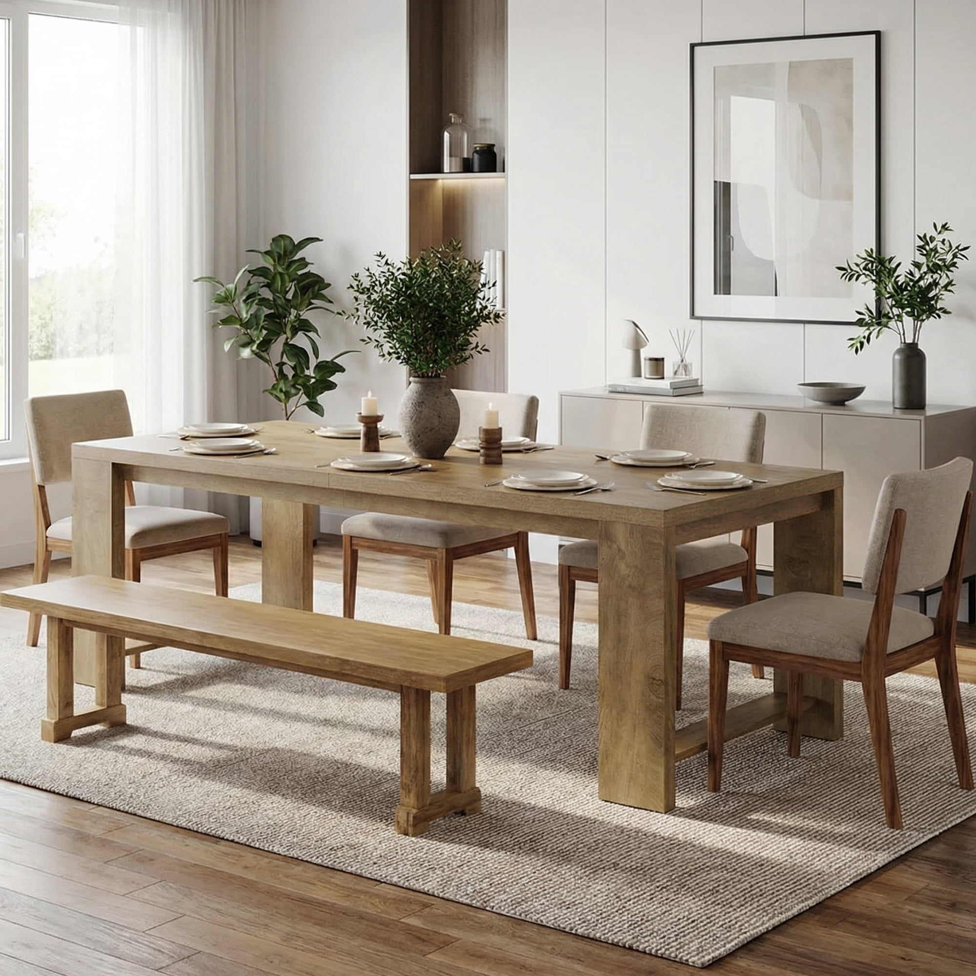 86 Inch Farmhouse Dining Table, Rustic Large Kitchen Table For 8-10 People, Solid MDF Dinner Table With Oak Finish, Versatile Table For Home & Office Gatherings