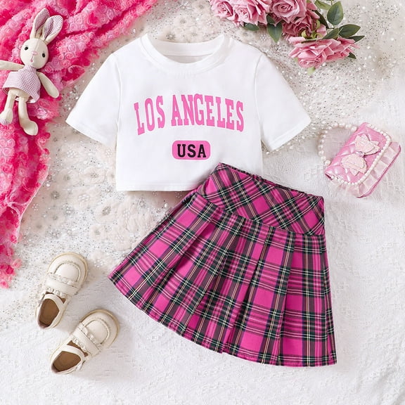 SJLDQY Baby Girl Outfits Comfortable Cute City Printed T Shirt And Pleated Mini Skirt Sets White 9-10 Years