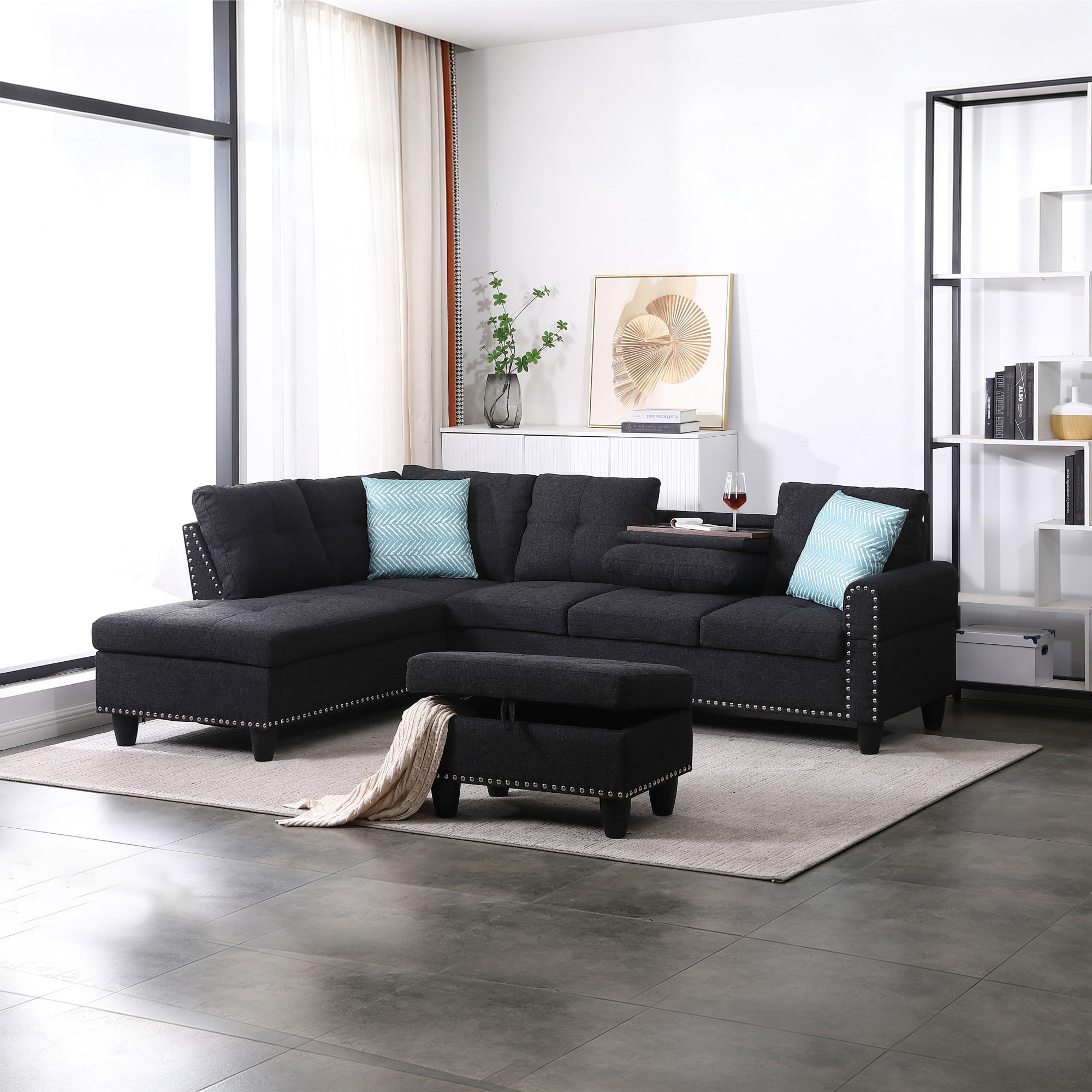 BSHTI 3-Seat Contemporary Linen L-Shaped Sectional Sofa with Reversible Storage Chaise, Storage Ottoman, Cup Holders for Living Room（Charcoal Gray）