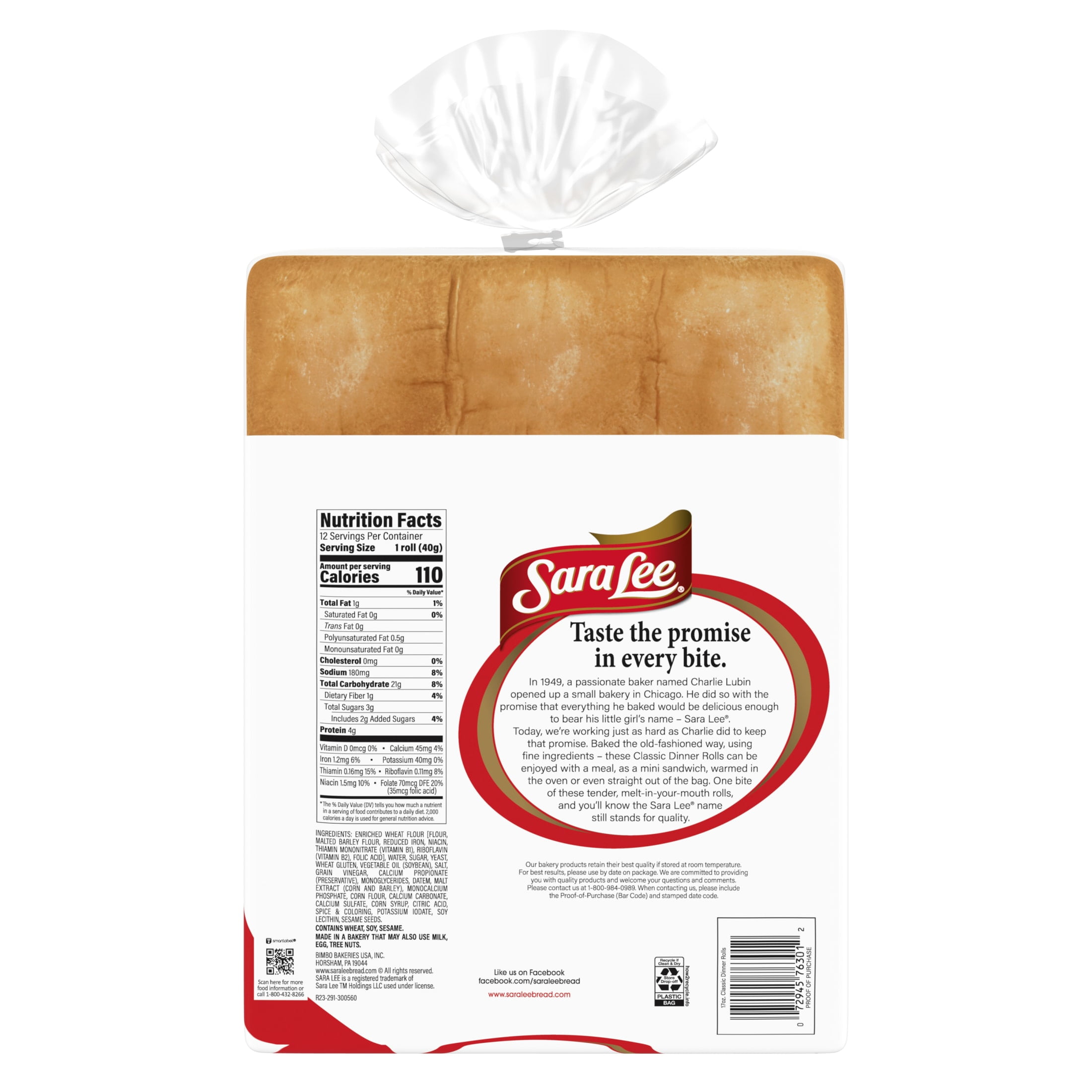 Sara Lee Classic White Dinner Rolls, 12 count, Dinner Rolls, 17 oz Bag