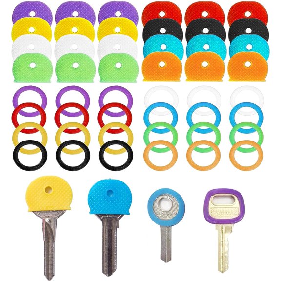 48pcs Key Cover Caps, 2 Styles PVC Key Cap Labels, Key Tags for Easy Identifying House Door Keys, 8 Assorted Colors, Key Sleeve Ring with 20pcs Plastic Caps & 20pcs Flexible Round Caps(Size:4pcs)