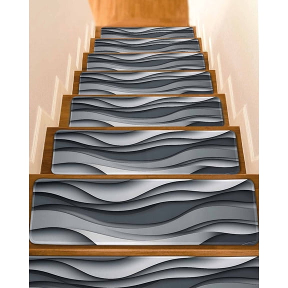 Stair Treads for Wooden Steps, Black Gray Ombre Peel and Stick Stair Treads with Adhesive, Modern Abstract Moire Art Geometric Non Slip Indoor Stairs Runner Rugs Mats for Elders Dogs 8"x30"7PCS