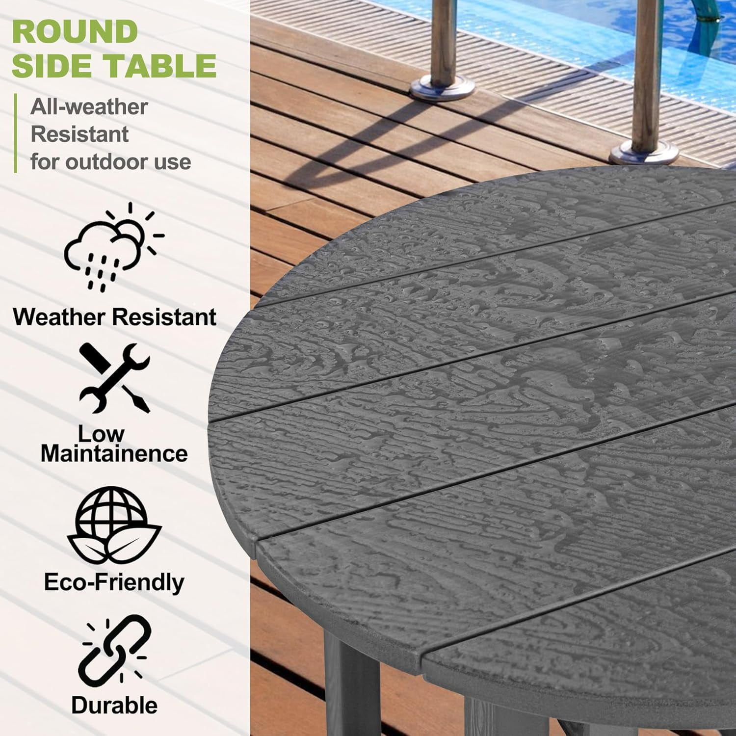 Y&M Outdoor Side Table, Waterproof Four-Legged Round Entryway End Table, Single-Tier HIPS Modern Small Coffee Nightstand for Bedroom, Living Room, Patio, Indoor or Outdoor Use, Dark Gray