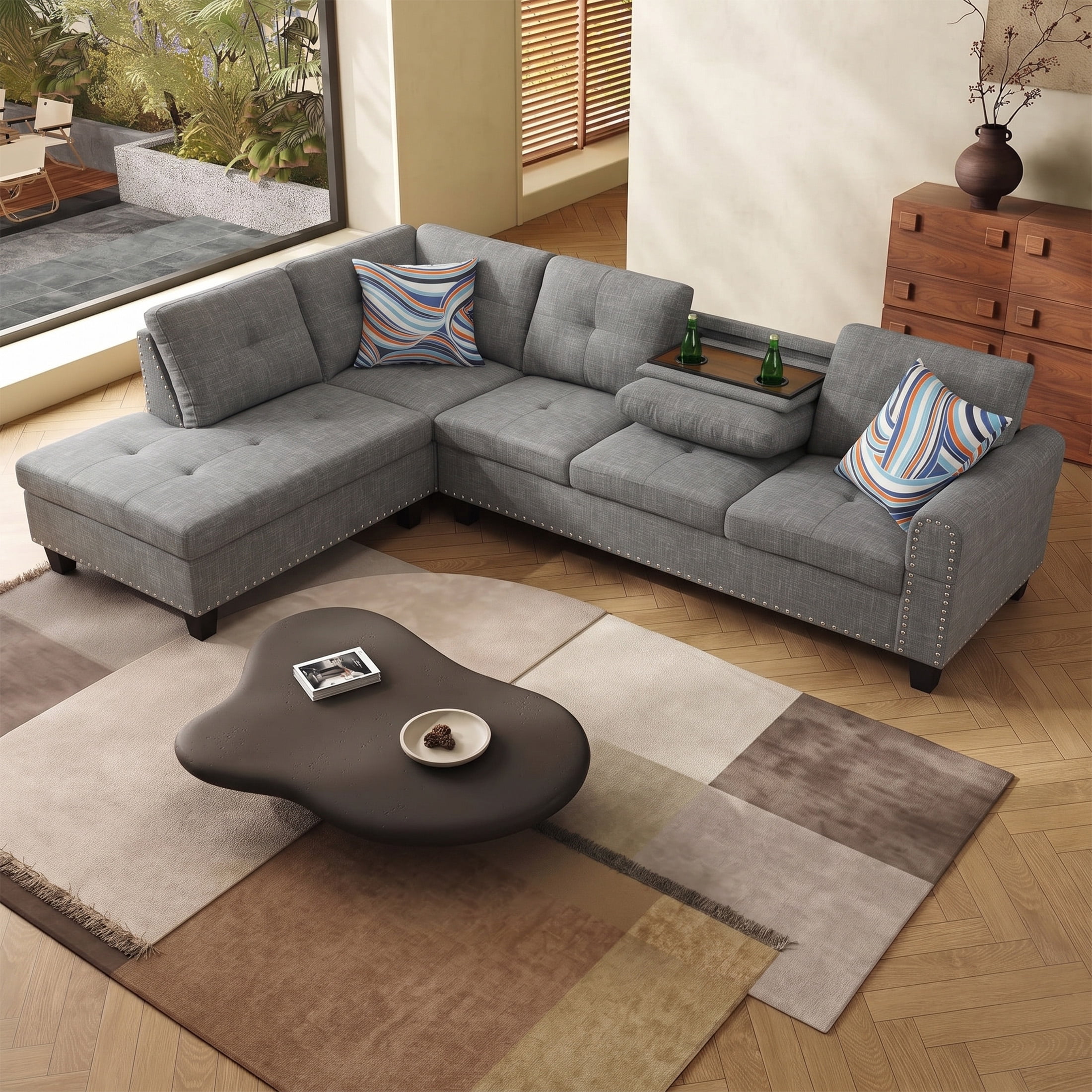 AENKYO 98" L-Shaped Sectional Sofa with Reversible Chaise and Cup Holders, Linen, Gray
