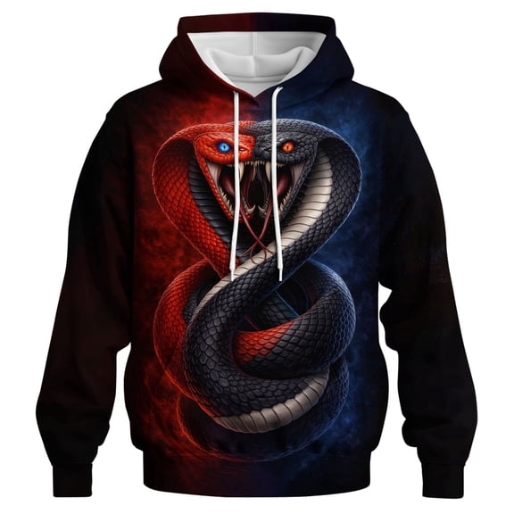Rebaike Yin Yang Inspired Dual Snake Hoodie Unisex Gothic Streetwear Red Black Serpent Graphic Pullover Sweatshirt Dark Aesthetic Balance Fire Ice Fantasy 3D Print Hoodie