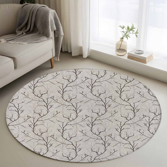 Small Round Rug 3Ft Washable Non-Slip, Black Grey Branches Circle Area Rugs for Living Room Bedroom, Vintage Art Farmhouse Indoor Floor Mats Carpet Runner for Home Decor