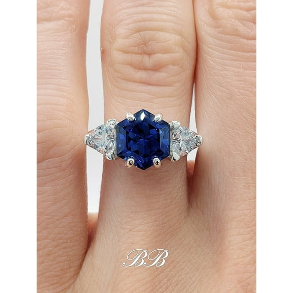 8mm Hexagon Cut, Lab Created Blue Sapphire, Trillion Accented Three Stone Ring, Sterling Silver