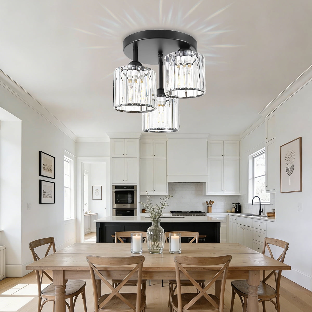 Crystal Semi Flush Mount Ceiling Light, 3-Light Close to Ceiling Light Fixtures, Modern Light Fixtures with Clear Crystal Shade, for Hallway Foyer Entryway Bedroom Kitchen, Black