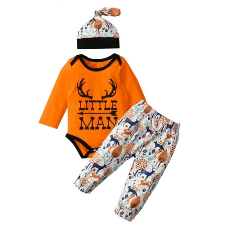

Sunisery Newborn Baby Girls Boys Clothes Letter Long Sleeve Romper Tops Fawn Tree Trousers Cap Autumn Set Orange 6-12 Months