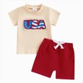 thumbnail image 3 of peqiut 4th of July Baby Boy Outfit Short Sleeve Letter USA Embroidery Shirt Elastic Solid Color Shorts 2Pcs Toddler Boys Fourth of July Shorts Set, 3 of 6