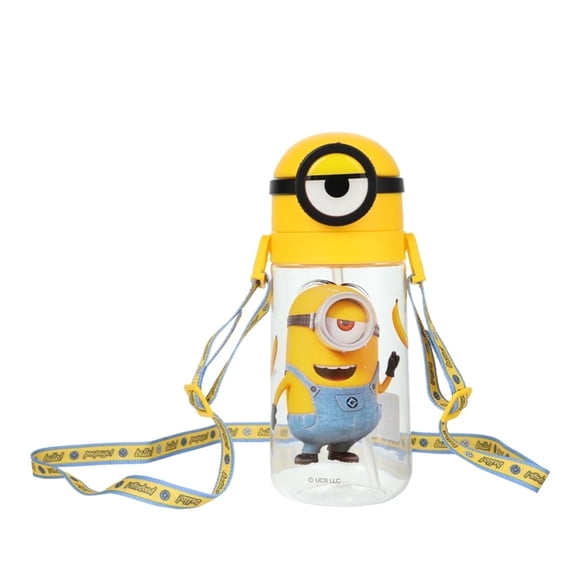 MINISO Minions Collection Plastic 20 oz Water Bottle with Straw and Shoulder Strap (600mL, Yellow) BPA-Free