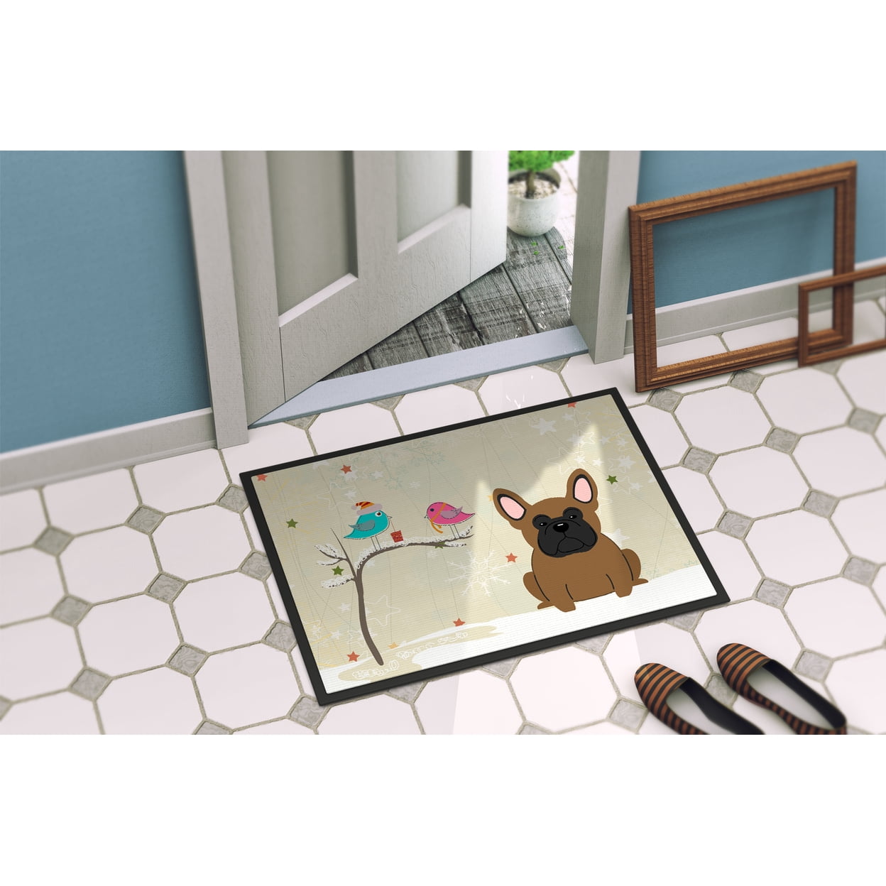 Christmas Presents between Friends French Bulldog Brown Door Mat