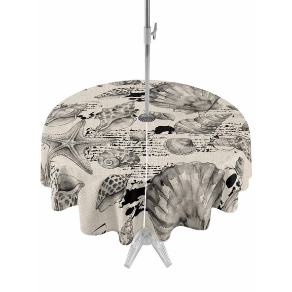 Outdoor Tablecloth with Umbrella Hole for Patio/Picnic/Party/Camping, Grey Coastal Waterproof Table Cloth Round Cover Washable, Summer Conch Starfish Scallops Vintage Nautical (Dia 60")