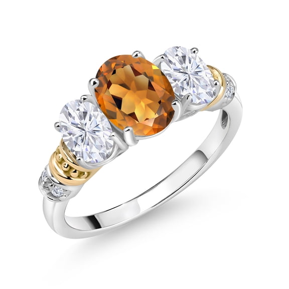 Gem Stone King 925 Sterling Silver and 10K Yellow Gold Oval Orange Red Madeira Citrine White Moissanite and White Diamond 3 Stone Ring for Women (2.13 Cttw, Gemstone Birthstone, Size 7)