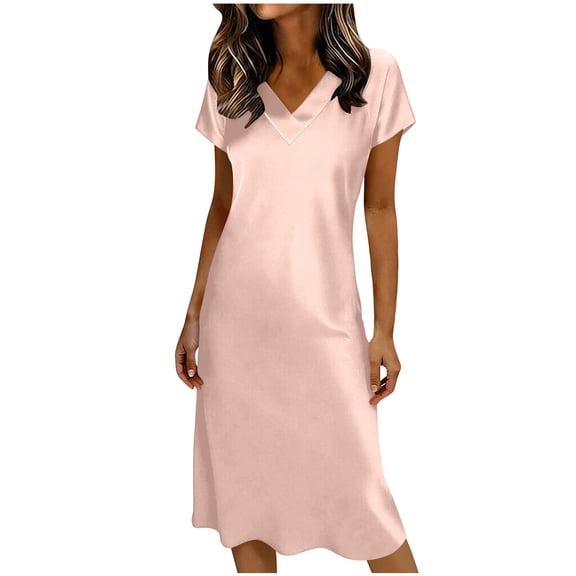 Hduncf Women's Short Sleeve Summer Satin Midi Dress Pullover Loose V Neck Nightgown Elegant Formal Party Cocktail Dresses Pink XL