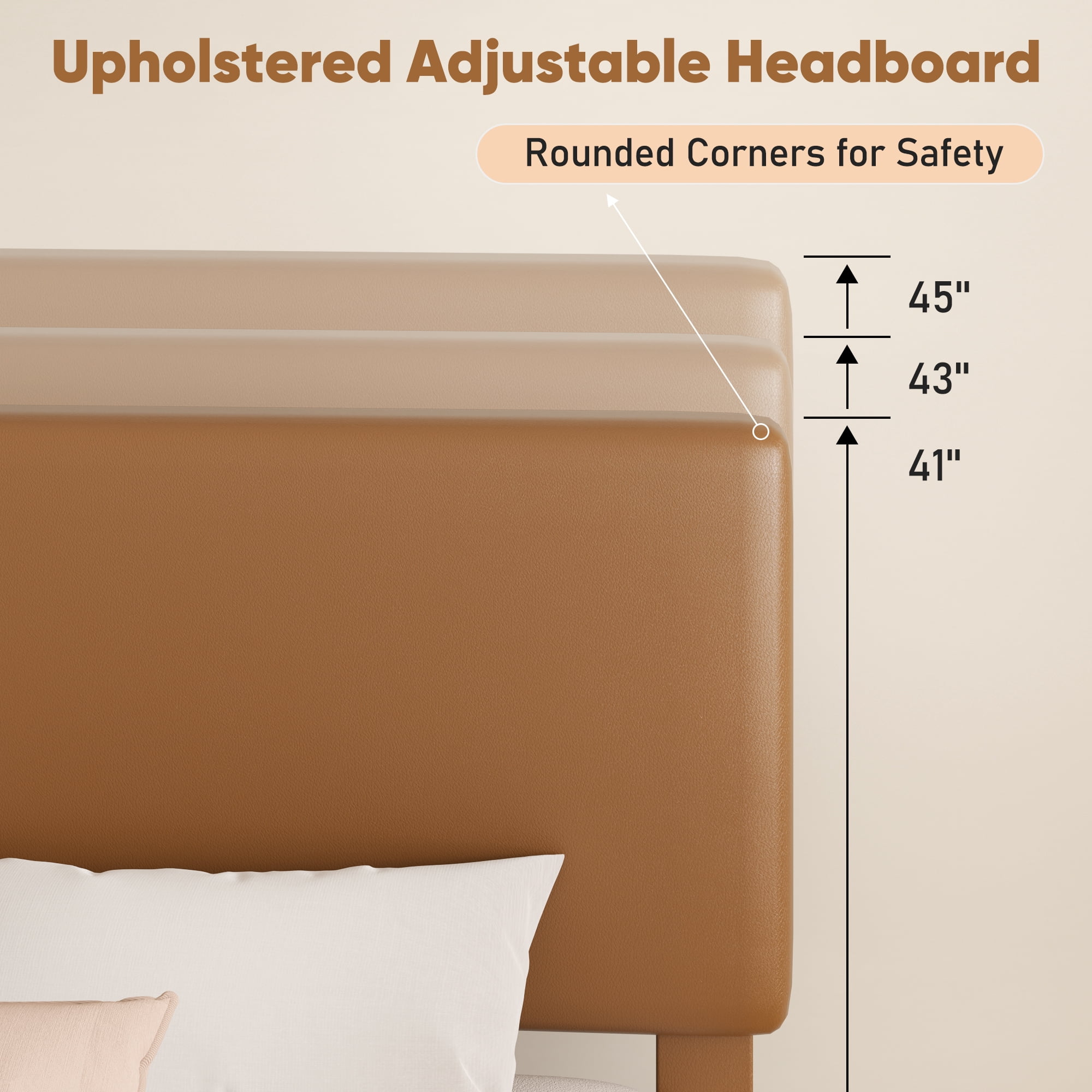 Frostbloom Full Size Faux Leather Platform Bed Frame with Adjustable Headboard, Orange Brown