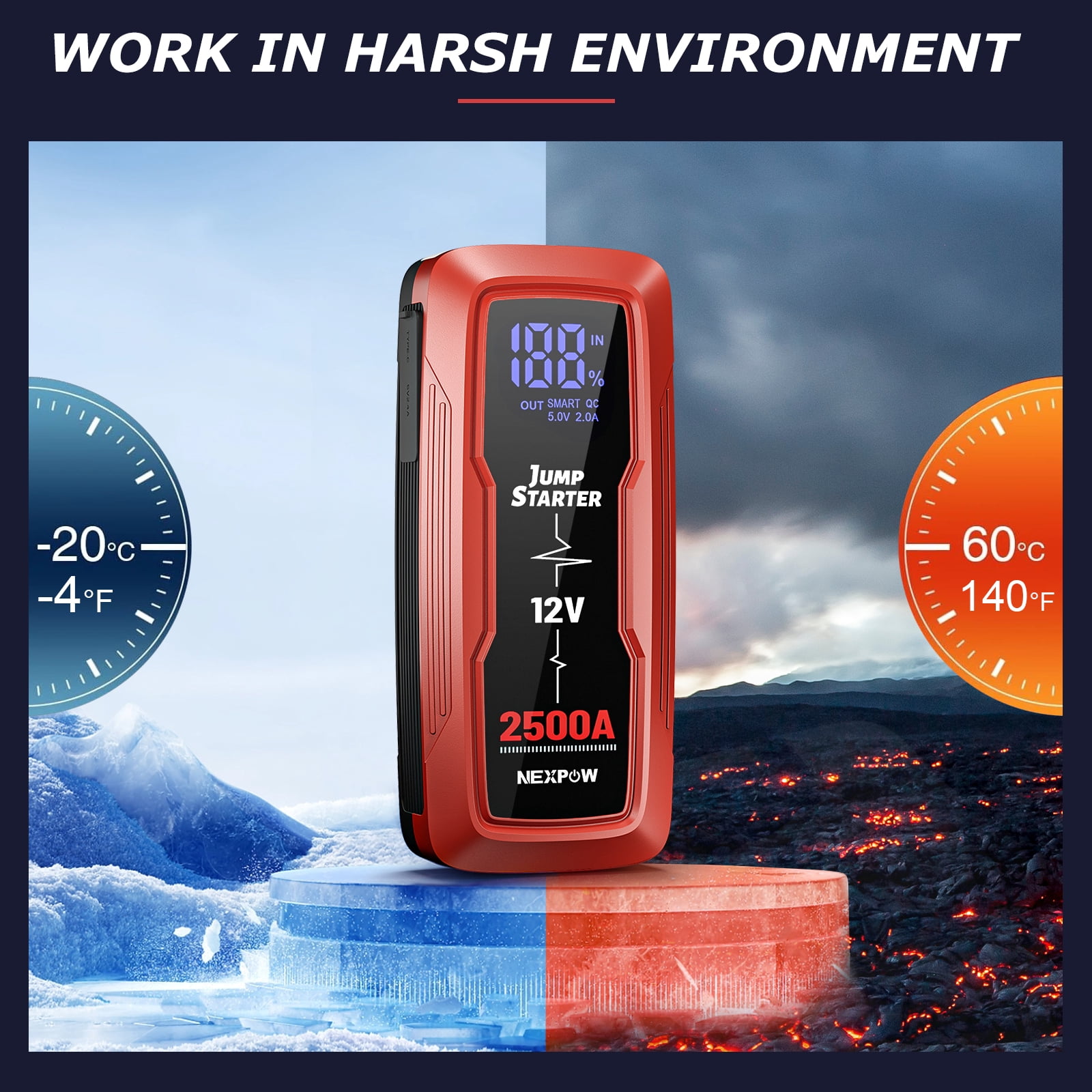 NEXPOW 2500A Car Jump Starter, 18000mAh Battery Starter with LED Display (up to 8.0L Gas & 6.0L Diesel Engine),12V Auto Jump Box with LED Light,USB QC 3.0