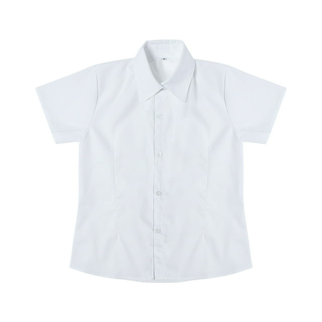 feltechelectr camisa de uniforme escolar de manga corta, blanca, estilo japonés, para niñas (talla 1) Vista frontal centrada de camisa escolar blanca de manga corta con cuello abotonado, costuras verticales delanteras y dobladillo curvado; tejido liso de poliéster mate y botones blancos alineados. Fondo de estudio neutro. Adecuada para combinar con falda corta o jeans y a menudo usada para actividad ligera por su tela transpirable.