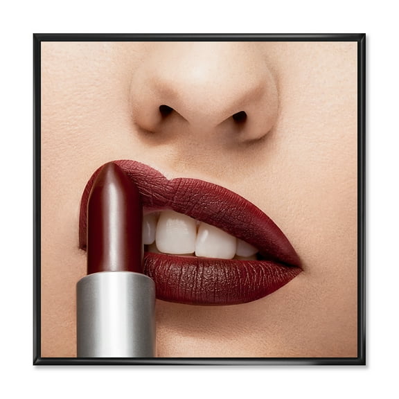 Designart 'Red Lipstick Getting Applyed On Woman Lips' Modern Framed Canvas Wall Art Print