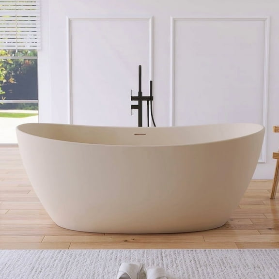 MEDUNJESS 65" Premium Unique Cream Solid Surface Stone Resin Freestanding Bathtub, Modern Design Stand Alone Tub Soaking Tub with Overflow and Pop up Drain