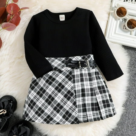 

Qazqa Toddler Girls Long Sleeve Solid Color Sweatshirt Pullover Tops Plaid Prints Skirt Outfits