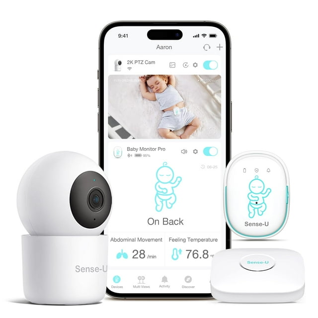 Sense-U Smart Baby Monitor Pro (largo alcance) + cámara PTZ 2K: seguimiento del movimiento abdominal con vibración excitante, vuelco, sensación de temperatura, video 2K, sonido de fondo y detección de