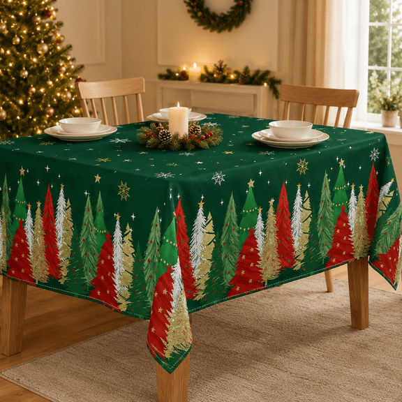 Christmas Tree Tablecloth, 60 x 84 In Rectangular Green Polyester Table Cover, Washable Holiday Tablecloth for Dining Table, Party, Picnic and Dinner Decor