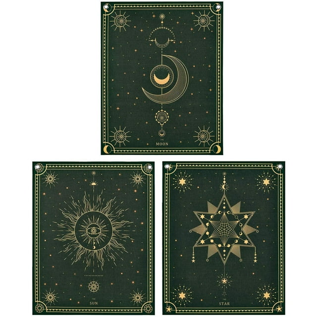 Pack de 3 Tapiz de Tarot El Sol Luna Estrella Tarot Tapiz Tarot Carta Tapices Tapiz Oscuro Misterioso Medieval Europa Tapiz Colgante de Pared con Clavos para Habitación Namotu CZJJ-ST116