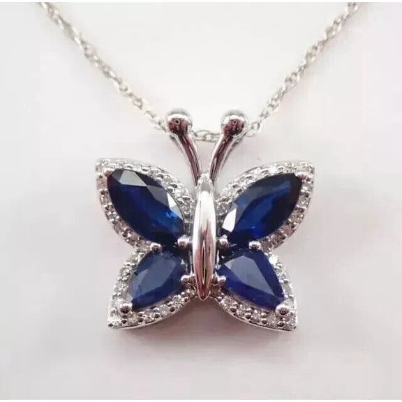 Sparkle Jewels Butterfly Pendant Chain 14K White Gold Plated Marquise Cut Blue Sapphire