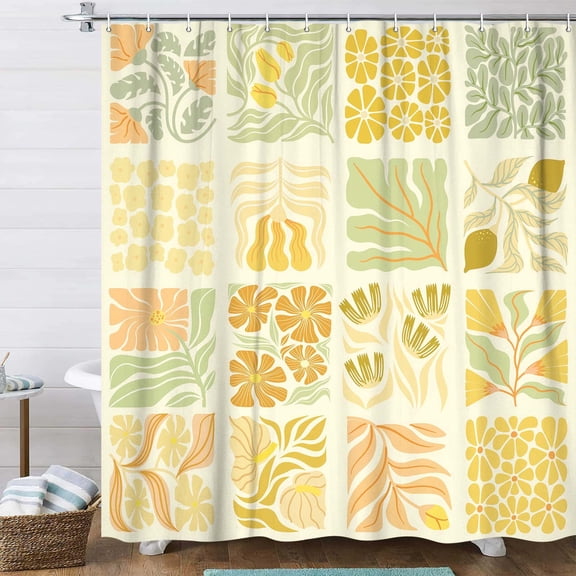 Cute Boho Floral Shower Curtain, Vintage Yellow Abstract Floral Retro Aesthetic Shower Curtain for Bathroom, Funky Unique Waterproof Fabric Polyester Bath Curtains Decor with Hook