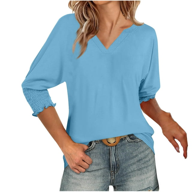 Liquidation! Hauts Grande Taille pour Femmes, Blouse à Manches Courtes d'Été pour Femmes, Blouse Décontractée Mode pour Femmes Manches 3/4 Unie Col en V