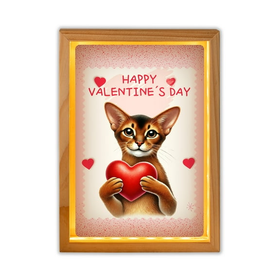 Happy Valentine's Day Abyssinian Brings Love Heart Acrylic Plaque with Wood Photo Frame Box Cat Lover Kitten Owner Gifts Light Box - 02028
