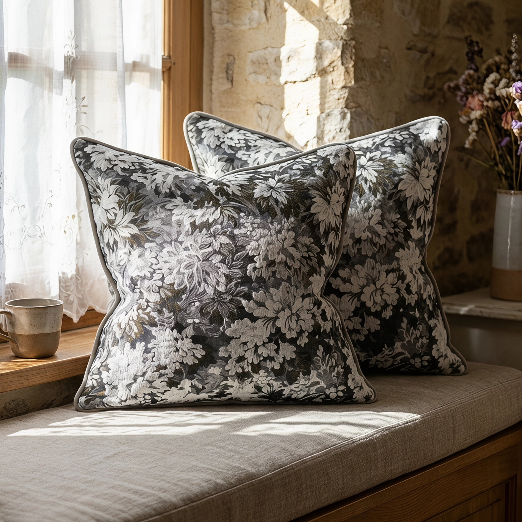 Unique Bargains Floral Throw Pillow Cover with Piped Edge Decor Cushion Case Grey 18"x18"