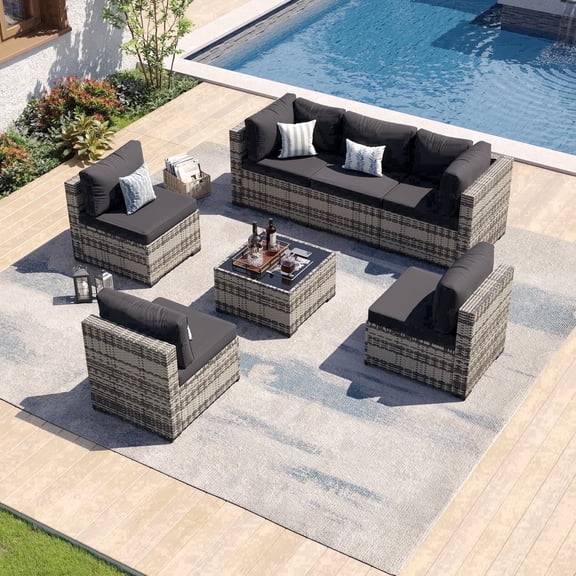 Clouddwell 7 Piece Outdoor Patio Furniture Set, Wicker Rattan Patio Sectional Sofa Set, Black