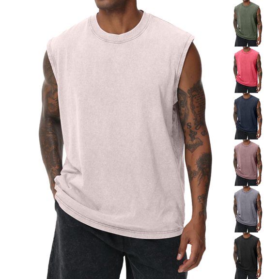 Men’s Sleeveless Tank Top Distressed Acid Wash Oversized Crewneck Loose Summer Tee
