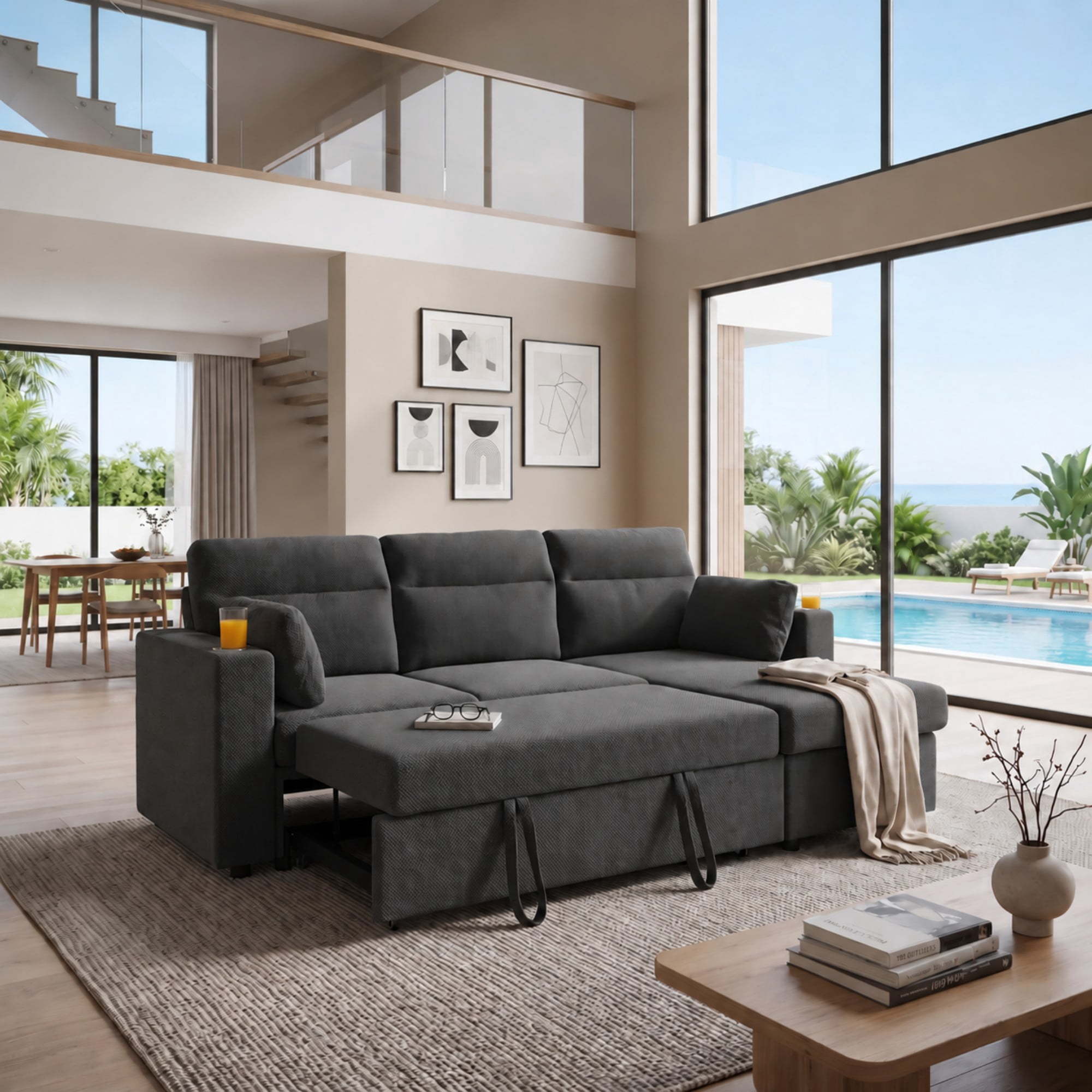 BSHTI 82.5" Foil Fabric L-Shaped Pull-Out Sectional Sofa Bed with Storage Chaise, Cup Holders for Living Room(Dark Gray)