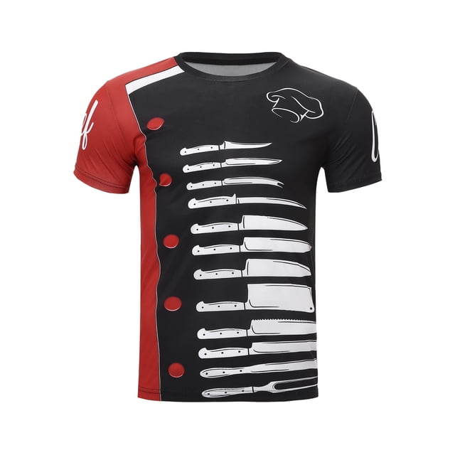 Oyolan T-Shirt Homme Chef Imprimé Contraste Couleur Restaurant Cuisine Costume Col Rond Manches Courtes Rouge&Noir 3TG
